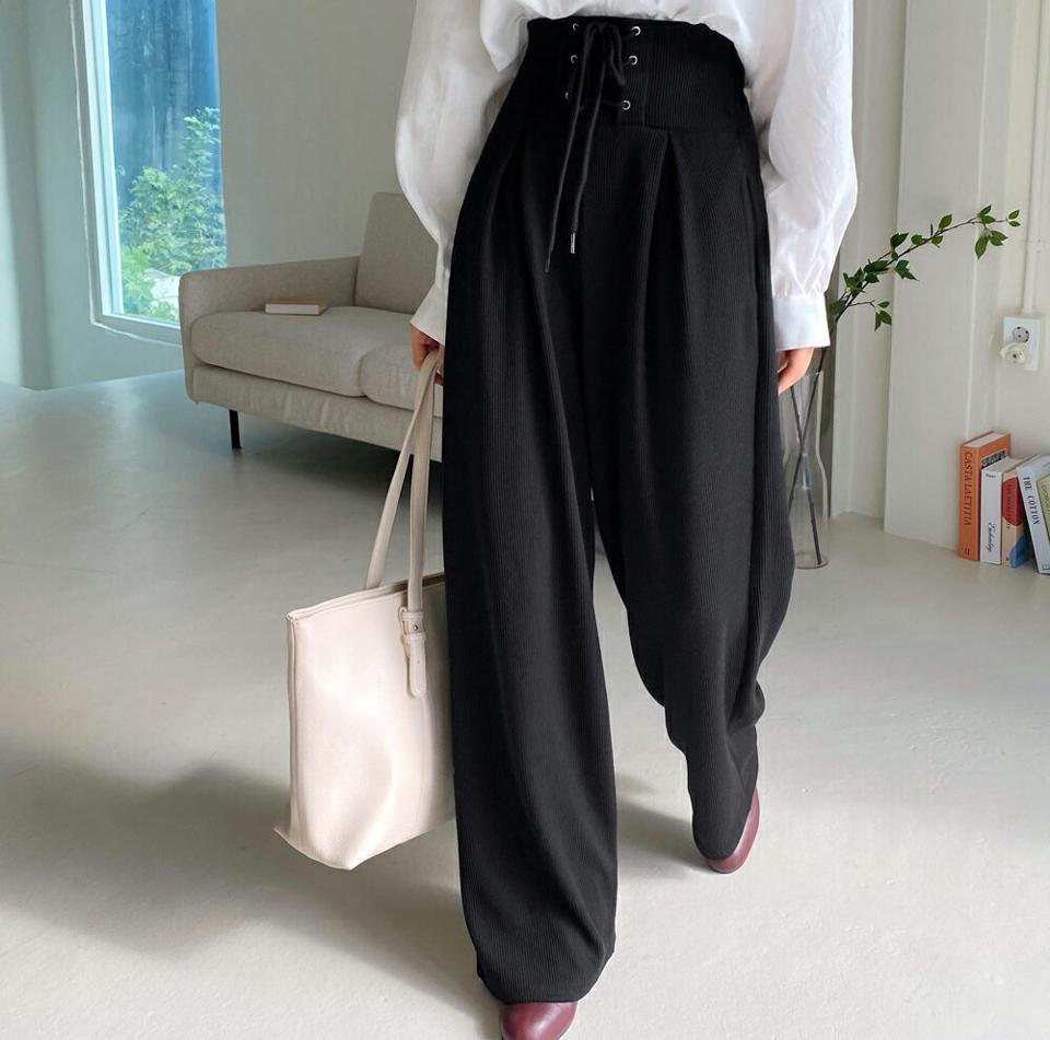 レースアップハイウエストパンツ・全3色・t63014 レディース 【pt】韓国ファッション ボトムス ロング ロングパンツ レースアップ ハイウエストパンツ ロング丈 ワイド ゴム シンプル 体型カバー 足長 美脚 フェミニン 秋 春