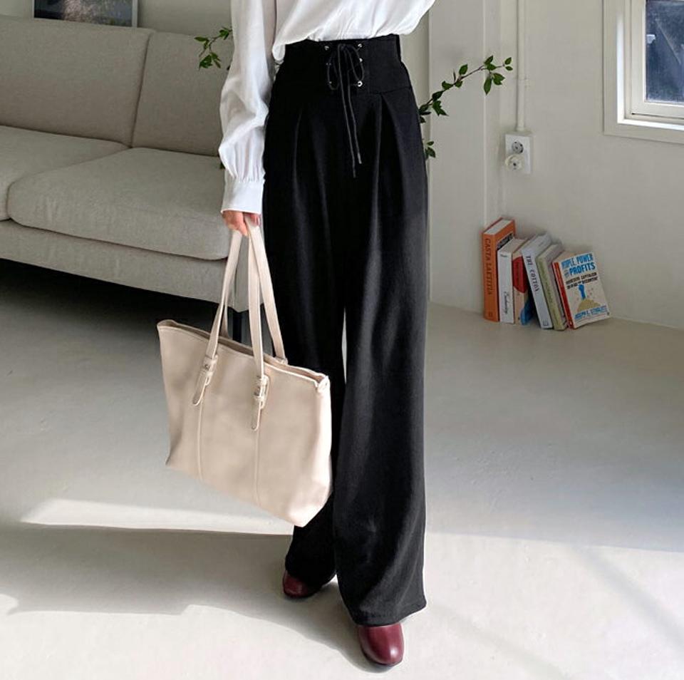 レースアップハイウエストパンツ・全3色・t63014 レディース 【pt】韓国ファッション ボトムス ロング ロングパンツ レースアップ ハイウエストパンツ ロング丈 ワイド ゴム シンプル 体型カバー 足長 美脚 フェミニン 秋 春