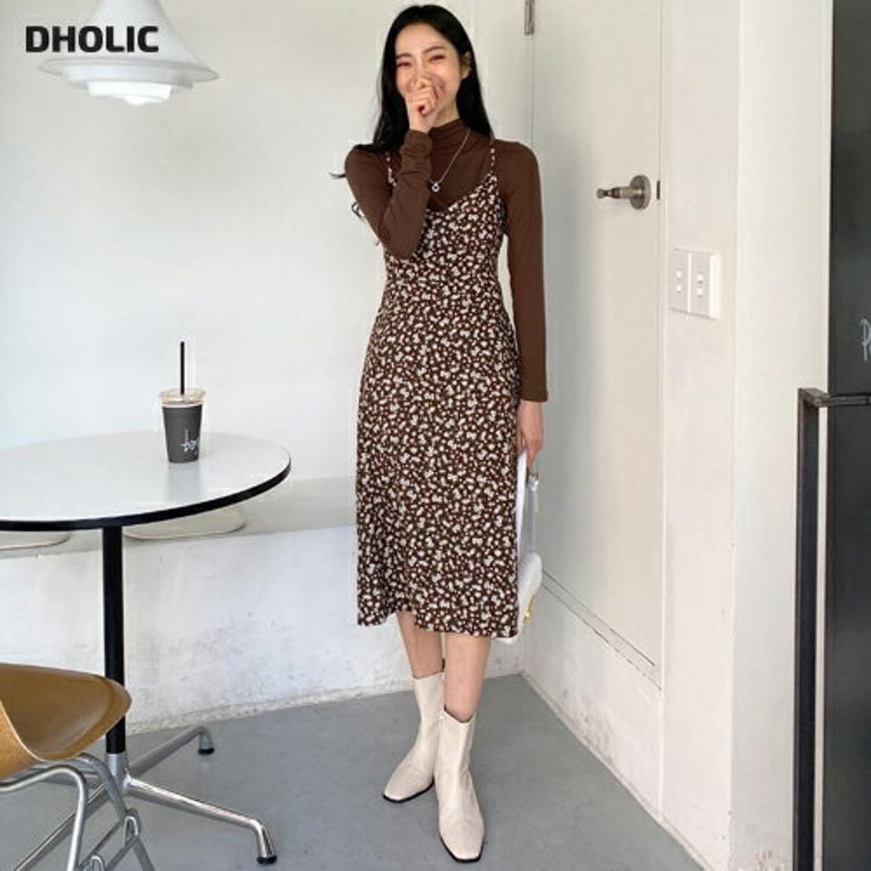 ハーフネックTシャツ&花柄ビスチェワンピースSET・全2色・b63009 レディース 【ops】韓国ファッション ワンピース ロングワンピース Tシャツ セット 長袖 ハーフネック 花柄 ビスチェ 大人 ロング丈 シンプル フェミニン 秋 春