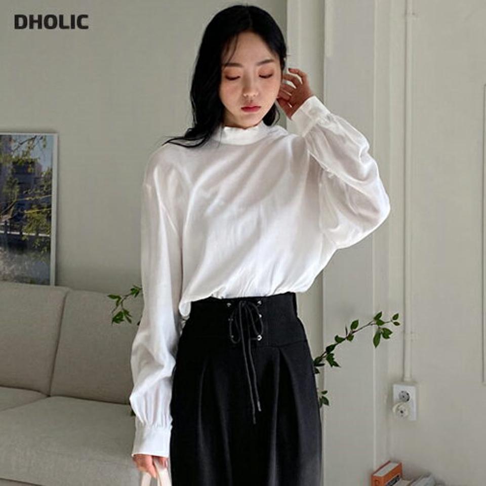 ハーフネックリボンブラウス・全3色・t63006 レディース 【bl】韓国ファッション トップス ブラウス 長袖 ハーフネック リボン 大人 上品 スリット 無地 シンプル ギャザー フェミニン 体型カバー ガーリー オフィスカジュアル 秋 春