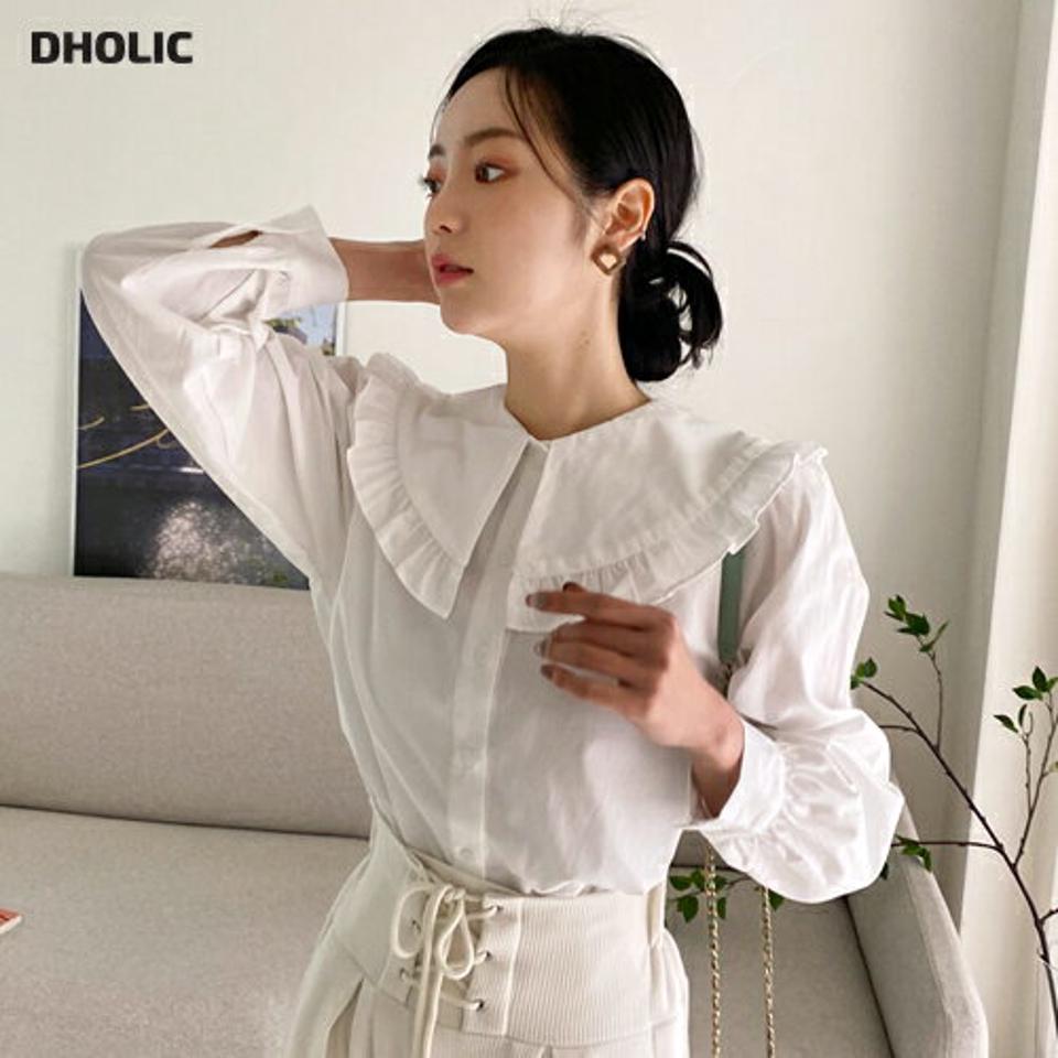 ビッグフリルカラーブラウス・全2色・t62980 レディース 【bl】韓国ファッション トップス ブラウス 長袖 ビッグフリル カラー 大人 上品 無地 ベーシック シンプル フェミニン 体型カバー ガーリー オフィスカジュアル 秋 春