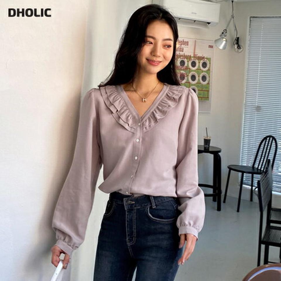 フリルVネックブラウス・全2色・t62979 レディース 【bl】韓国ファッション トップス ブラウス 長袖 Vネック ノーカラー フリル 大人 上品 スリット 無地 シンプル ギャザー フェミニン 体型カバー ガーリー オフィスカジュアル 秋 春