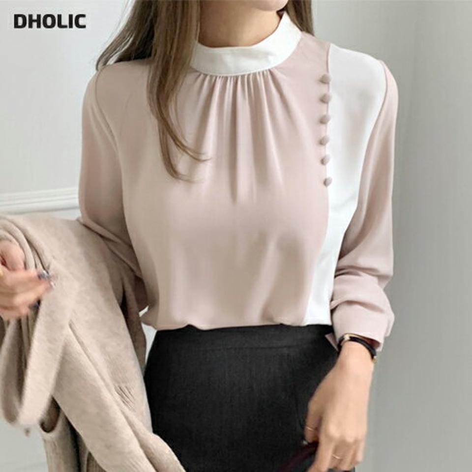 配色サイドボタンブラウス・全2色・b70624 レディース 【bl】 トップス ブラウス 長袖 ハーフネック ギャザー ボタン 配色 小顔 カジュアル 大人 フェミニン 春 ガーリー 秋 冬 韓国ファッション ハイホリHIHOLLI