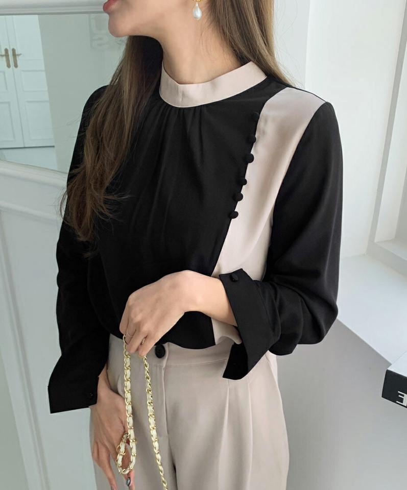 配色サイドボタンブラウス・全2色・b70624 レディース 【bl】 トップス ブラウス 長袖 ハーフネック ギャザー ボタン 配色 小顔 カジュアル 大人 フェミニン 春 ガーリー 秋 冬 韓国ファッション ハイホリHIHOLLI