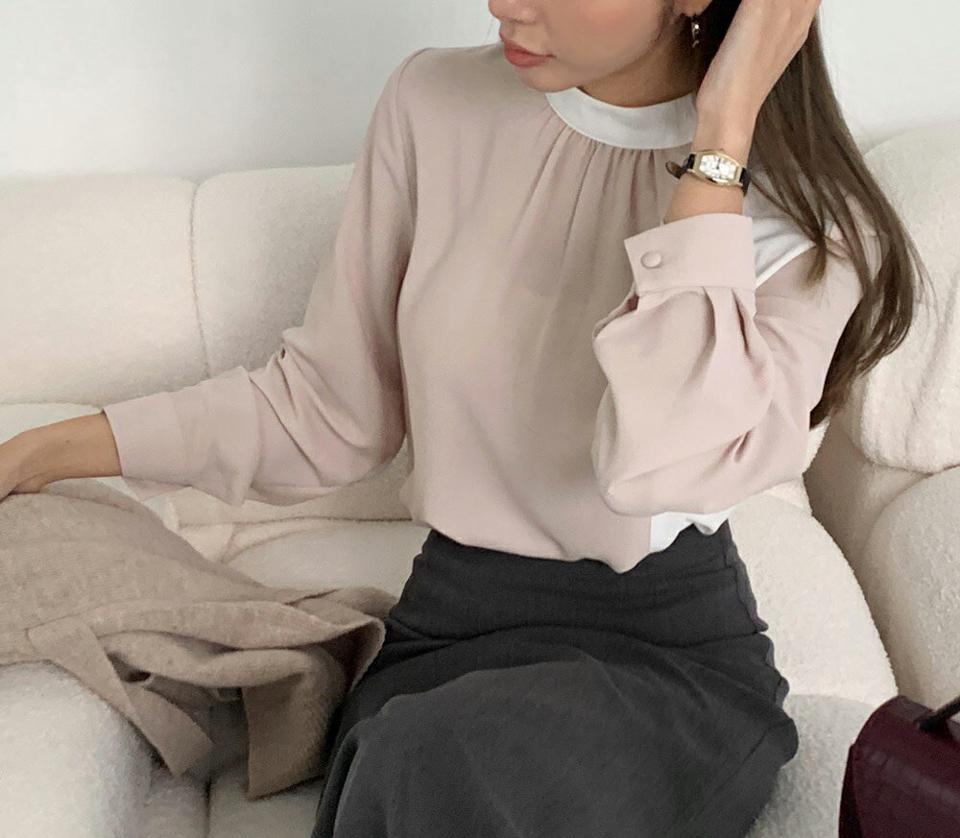 配色サイドボタンブラウス・全2色・b70624 レディース 【bl】 トップス ブラウス 長袖 ハーフネック ギャザー ボタン 配色 小顔 カジュアル 大人 フェミニン 春 ガーリー 秋 冬 韓国ファッション ハイホリHIHOLLI