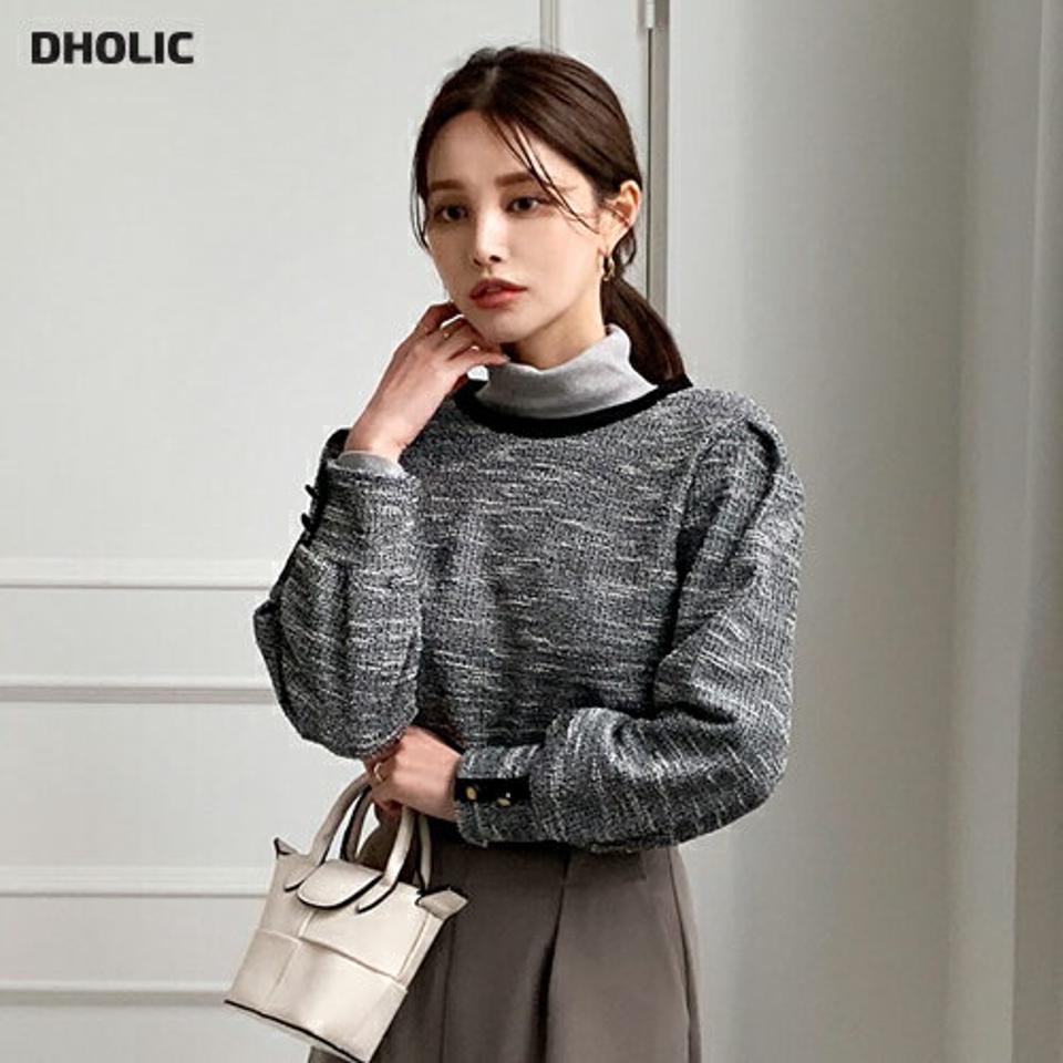 ツイードボタンポイントブラウス・全3色・t70628 レディース 【bl】 トップス ブラウス 長袖 ラウンドネック ツイード カフス ボタン 配色 小顔 カジュアル 大人 フェミニン 春 ガーリー 秋 冬 韓国ファッション ハイホリHIHOLLI