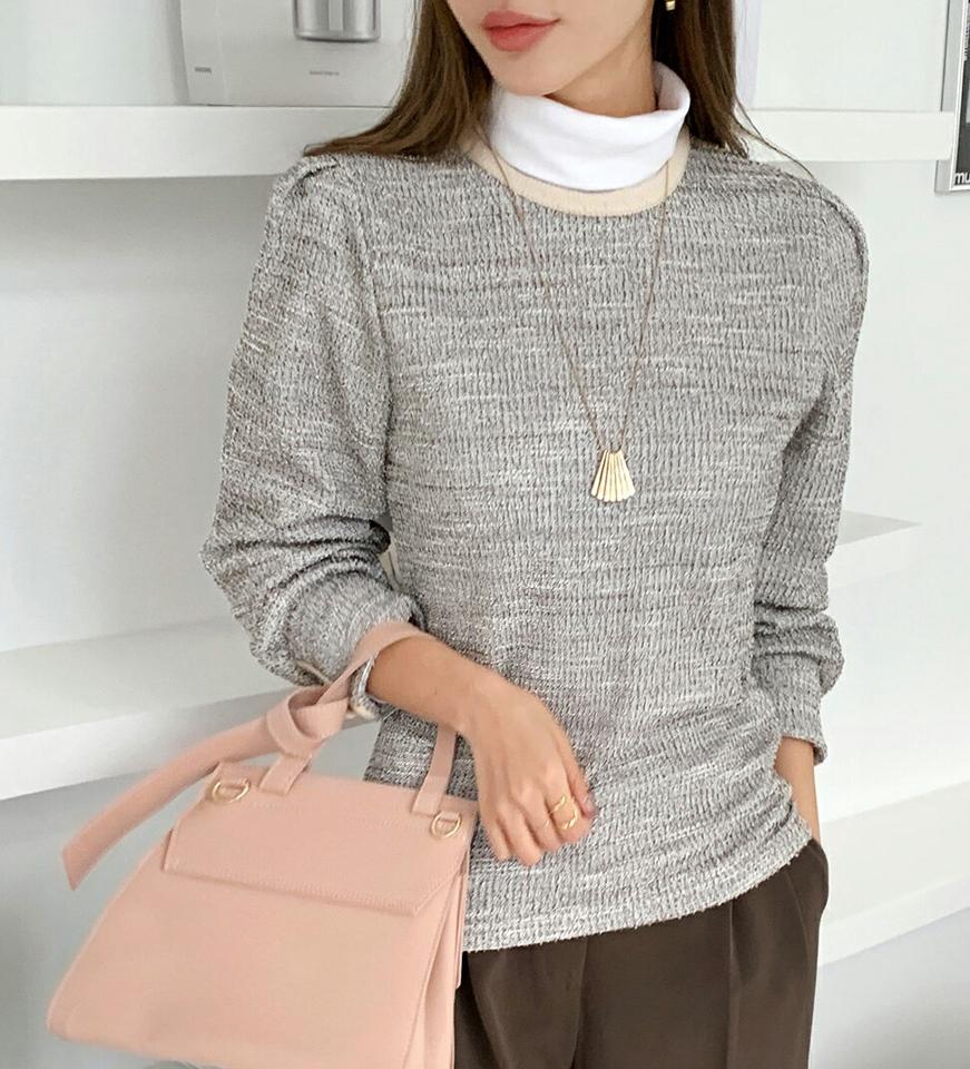 ツイードボタンポイントブラウス・全3色・t70628 レディース 【bl】 トップス ブラウス 長袖 ラウンドネック ツイード カフス ボタン 配色 小顔 カジュアル 大人 フェミニン 春 ガーリー 秋 冬 韓国ファッション ハイホリHIHOLLI