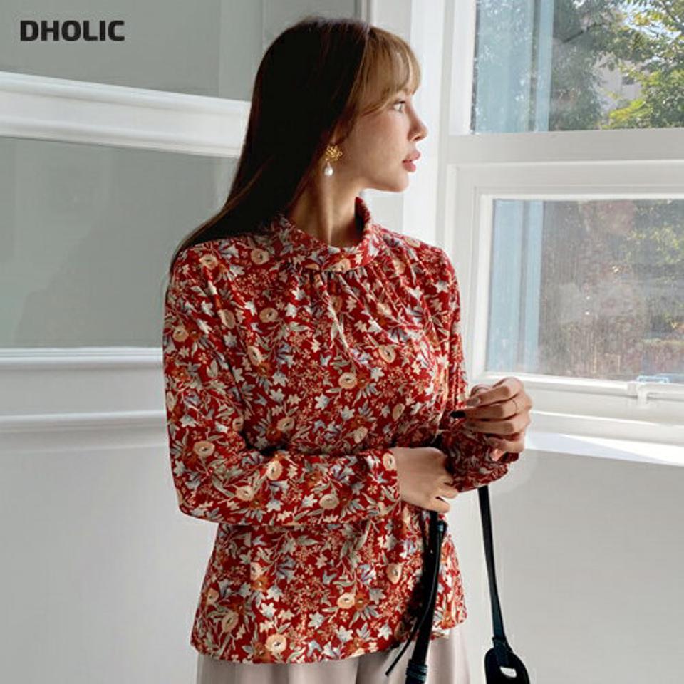 ハーフネックフラワーブラウス・全3色・b70633 レディース 【bl】 トップス ブラウス 長袖 ハーフネック フラワー 花柄 ギャザー 小顔 カジュアル 大人 フェミニン 春 ガーリー 秋 冬 韓国ファッション ハイホリHIHOLLI