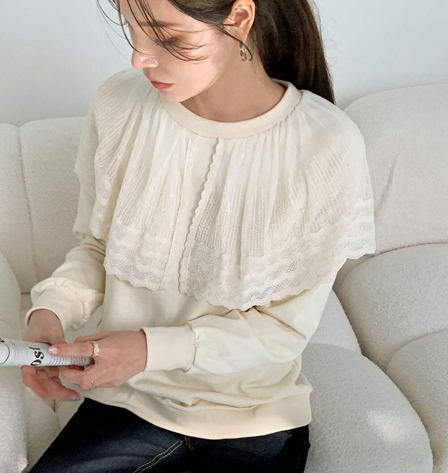 レースネックスウェット・全3色・b70634 レディース 【tops】 トップス スウェット 長袖 ラウンドネック レースネック ケープ風 ベーシック 上品 ルーズ カジュアル 体型カバー カジュアル 秋 冬 韓国ファッション ハイホリHIHOLLI