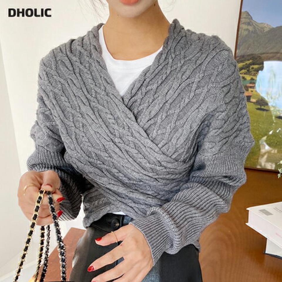 【大感謝祭特価】ケーブルクロスニット・全3色・b58346 レディース 【tops】韓国ファッション トップス ニット 大人 長袖 Vネック ケーブル編み クロップド丈 ドロップショルダー クロス インしない ショート丈 体型カーバー フェミニン 上品 デイリー 秋 冬 セール
