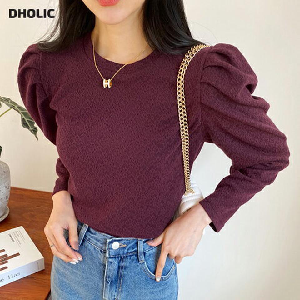 タックスリーブTシャツ・全4色・e58331 レディース 【tops】韓国ファッション トップス Tシャツ 大人 長袖 ラウンドネック タック スリーブ 無地 単色 ベーシック シンプル カジュアル スリム 細身 フェミニン デイリー 上品 秋 冬 クリスマス