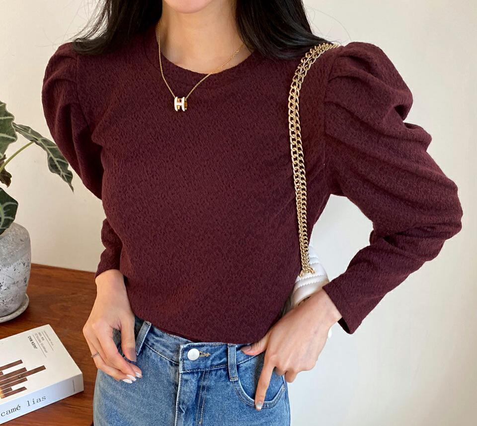 タックスリーブTシャツ・全4色・e58331 レディース 【tops】韓国ファッション トップス Tシャツ 大人 長袖 ラウンドネック タック スリーブ 無地 単色 ベーシック シンプル カジュアル スリム 細身 フェミニン デイリー 上品 秋 冬 クリスマス