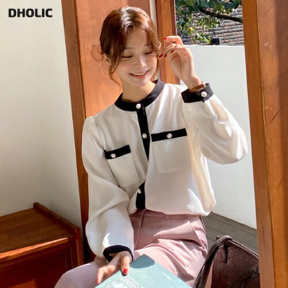 即日配送 フェイクパール配色ブラウス・全5色・t58368 レディース 【bl】韓国ファッション トップス ブラウス 長袖 バンドカラー フェイクパール 配色 大人 上品 シンプル ボタン フェミニン ガーリー カジュアル 秋 冬