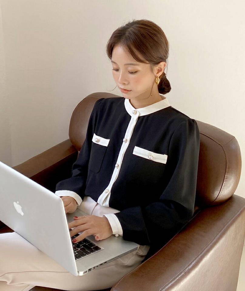 即日配送 フェイクパール配色ブラウス・全5色・t58368 レディース 【bl】韓国ファッション トップス ブラウス 長袖 バンドカラー フェイクパール 配色 大人 上品 シンプル ボタン フェミニン ガーリー カジュアル 秋 冬