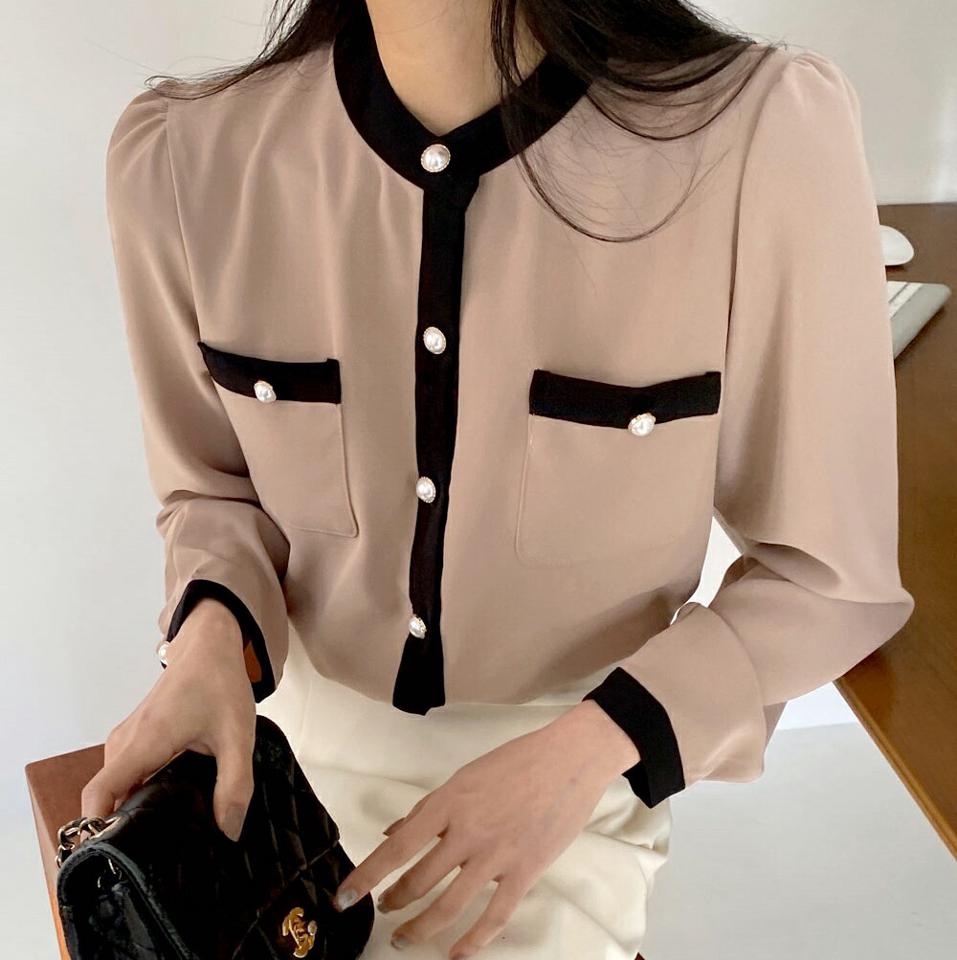 即日配送 フェイクパール配色ブラウス・全5色・t58368 レディース 【bl】韓国ファッション トップス ブラウス 長袖 バンドカラー フェイクパール 配色 大人 上品 シンプル ボタン フェミニン ガーリー カジュアル 秋 冬