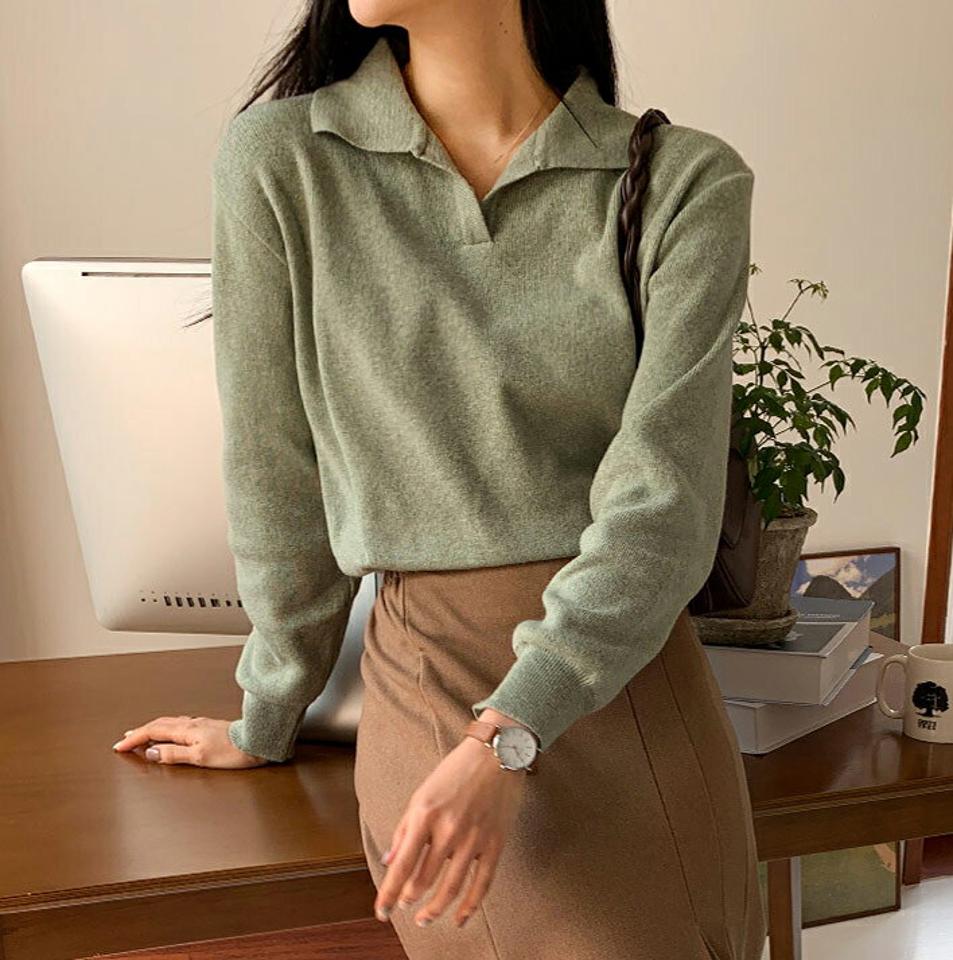 スリットカラーニット・全5色・t58344 レディース 【tops】韓国ファッション トップス ニット 大人 長袖 カラーネック スリット ドロップショルダー ポロ襟 無地 単色 ベーシック シンプル 体型カーバー フェミニン 上品 デイリー 秋 冬