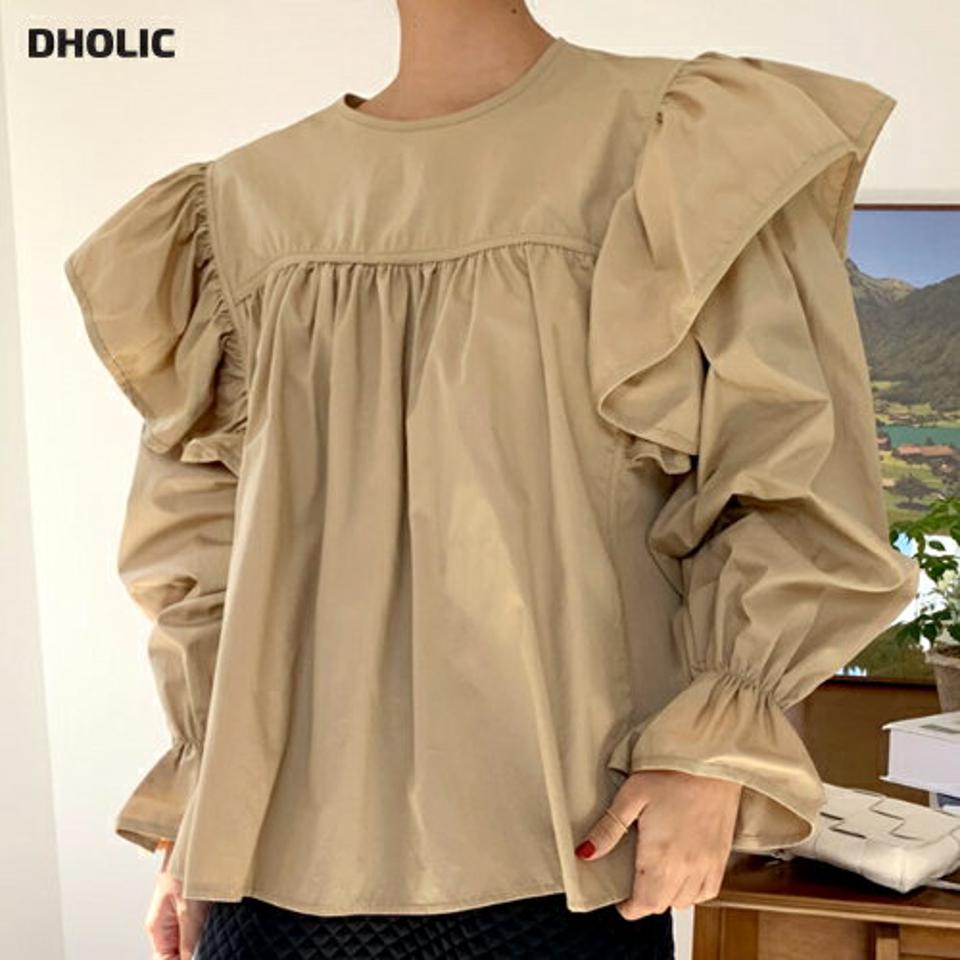 【新作10%OFF】フリルギャザーブラウス・全3色・t58342 レディース 【bl】韓国ファッション トップス ブラウス 長袖 ラウンドネック フリル ギャザー 大人 上品 無地 単色 シンプル ルーズ フェミニン 体型カバー ガーリー カジュアル 秋 冬