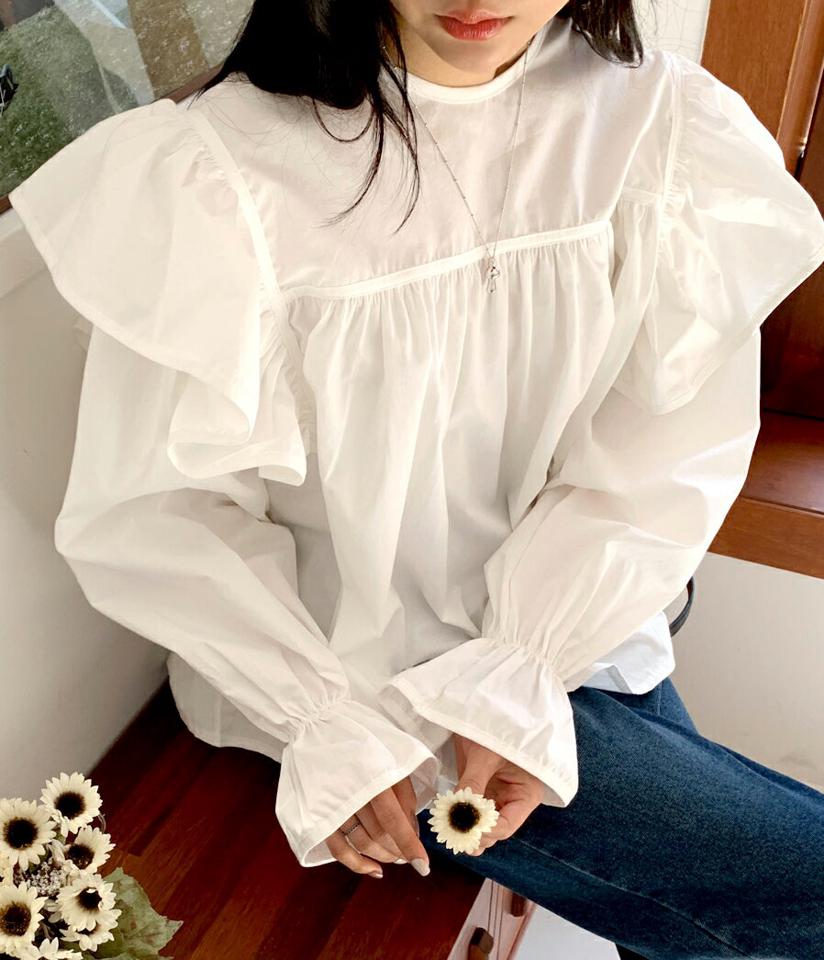 【新作10%OFF】フリルギャザーブラウス・全3色・t58342 レディース 【bl】韓国ファッション トップス ブラウス 長袖 ラウンドネック フリル ギャザー 大人 上品 無地 単色 シンプル ルーズ フェミニン 体型カバー ガーリー カジュアル 秋 冬