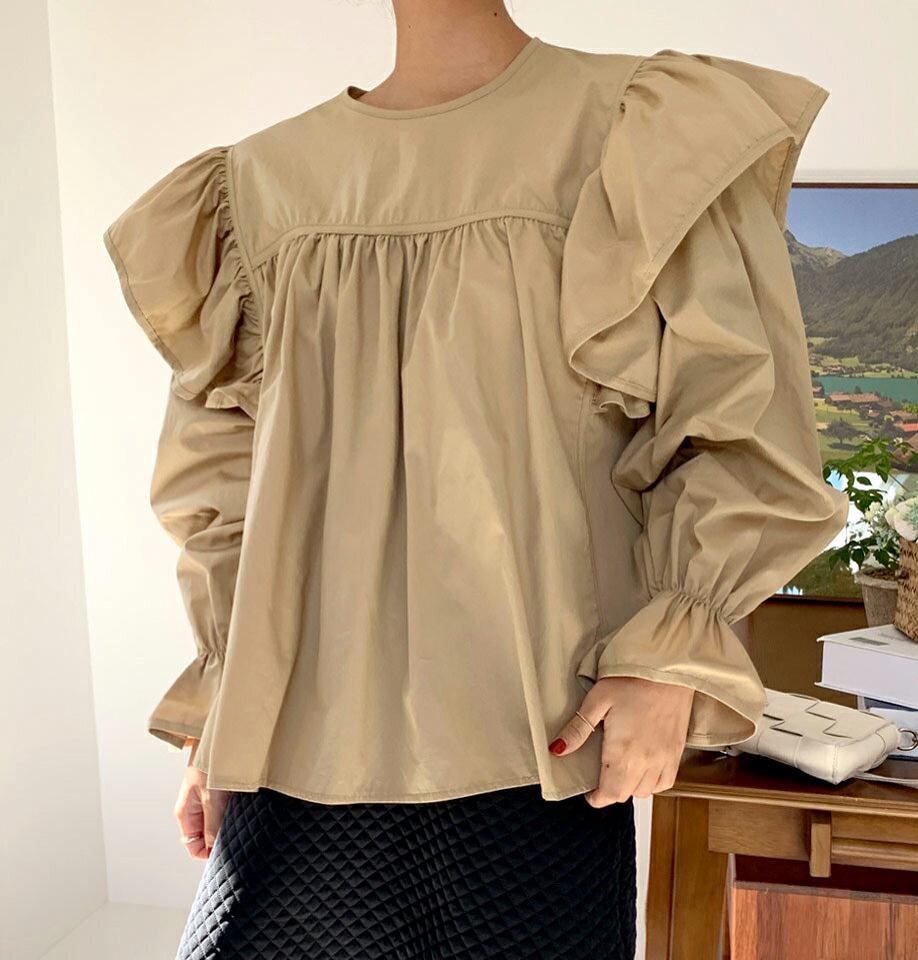 【新作10%OFF】フリルギャザーブラウス・全3色・t58342 レディース 【bl】韓国ファッション トップス ブラウス 長袖 ラウンドネック フリル ギャザー 大人 上品 無地 単色 シンプル ルーズ フェミニン 体型カバー ガーリー カジュアル 秋 冬