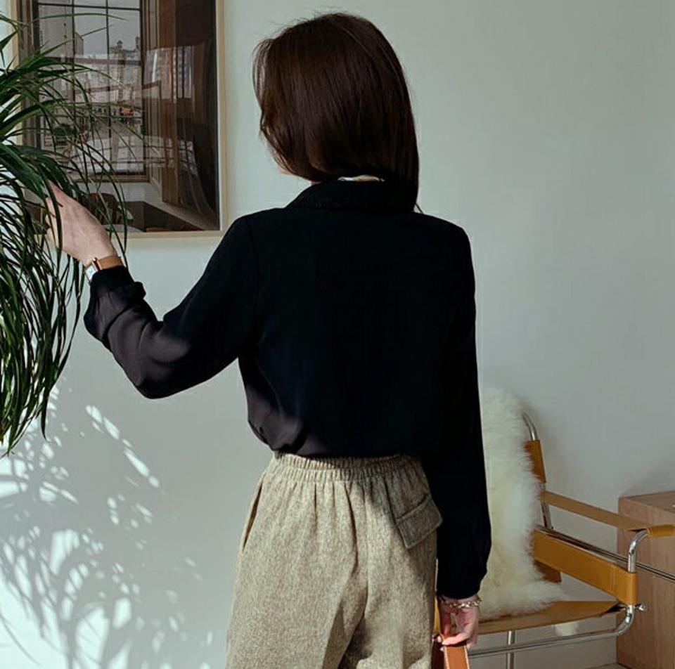 レースカラーブラウス・全2色・t00471 レディース 【bl】 トップス ブラウス 長袖 レースカラー ギャザー 花柄 オフィスカジュアル カジュアル 大人 フェミニン 春 オフィス レース 秋 冬 韓国ファッション ハイホリHIHOLLI