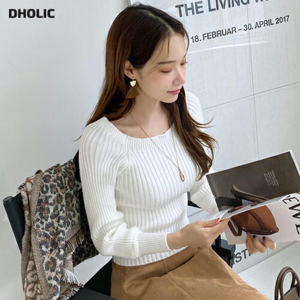 スクエアネックパフニット・全2色・b00472 レディース 【tops】 トップス ニット 長袖 スクエアネック パフ パフスリーブ クロップド スリム フィット ベーシック あたたかい フェミニン 秋 冬 韓国ファッション ハイホリHIHOLLI