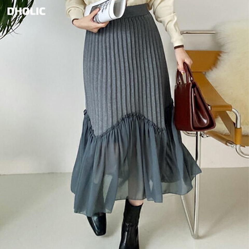 シフォンへムプリーツスカート・全2色・b00489 レディース 【sk】 ボトムス スカート ロング丈 異素材 シフォン プリーツ Aライン フレア カジュアル スリム マーメイド 大人 年上 フィット 高見え ニット 春 秋 冬 韓国ファッション ハイホリHIHOLLI