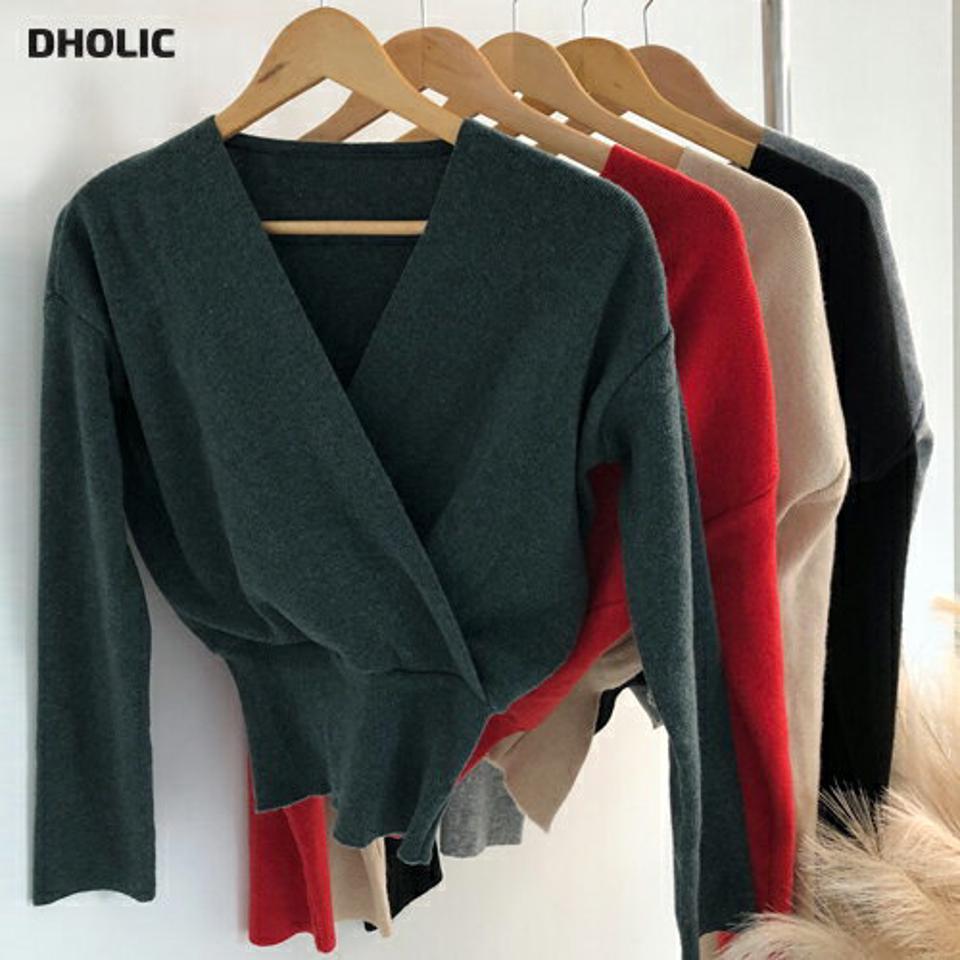 Vラップ風ニット・全5色・t00477 レディース 【tops】 トップス ニット 長袖 Vネック ラップ風 スリム ベーシック あたたかい カジュアル カラーニット 秋 冬 韓国ファッション ハイホリHIHOLLI
