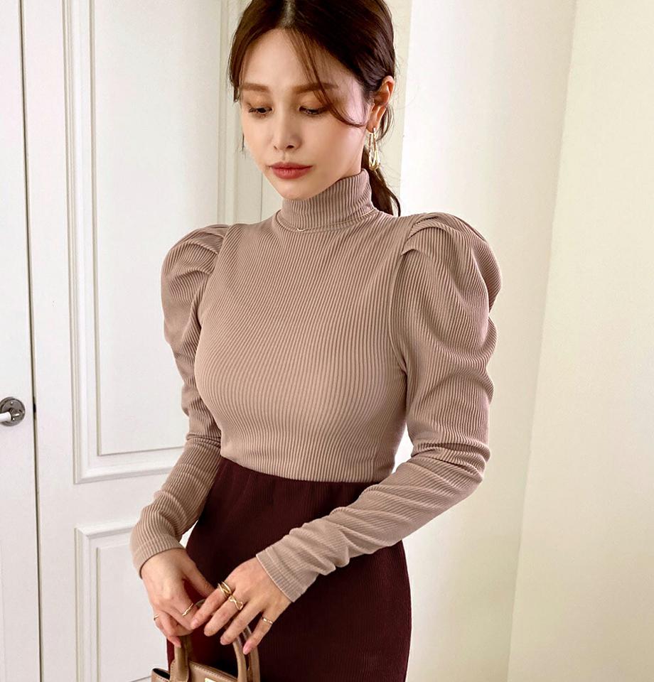 パフショルリブハイネックTシャツ・全4色・t70777 レディース 【tops】 トップス Tシャツ 長袖 パフ リブ ハイネック スリム フィット 上品 カジュアル 体型カバー 春 秋 冬 韓国ファッション ハイホリHIHOLLI