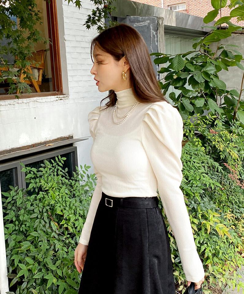 パフショルリブハイネックTシャツ・全4色・t70777 レディース 【tops】 トップス Tシャツ 長袖 パフ リブ ハイネック スリム フィット 上品 カジュアル 体型カバー 春 秋 冬 韓国ファッション ハイホリHIHOLLI