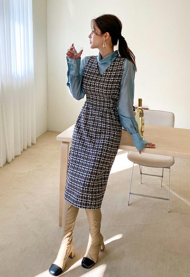 ハウンドトゥースワンピース・全3色・t70788 レディース 【ops】 ワンピース ロング ロングワンピース Vネック ハウンドトゥース スリーブレス リボン 長袖 フレア Aライン 秋 冬 韓国ファッション ハイホリHIHOLLI