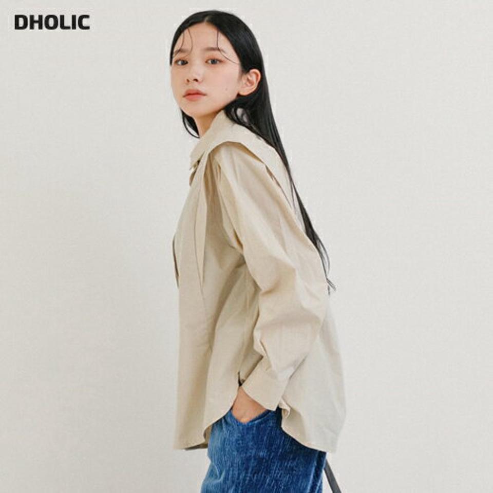即日配送 タックショルダーシャツ・全2色・b65252 レディース 【bl】韓国ファッション トップス シャツ 長袖 カラーネック タック ショルダーシャツ カフス ボタン アンバランス丈 大きいサイズ ルーズ ゆったり フェミニン 無地 秋 冬 NIJU