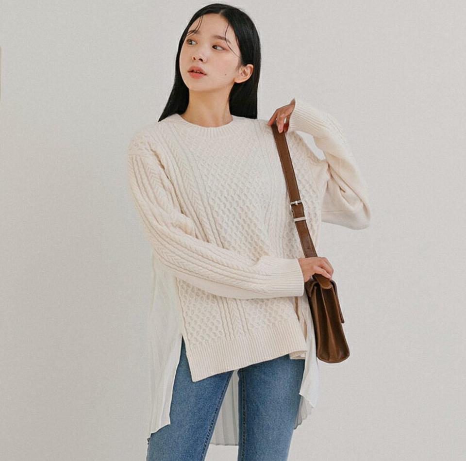 バックプリーツニット・全5色・b65230 レディース 【tops】韓国ファッション トップス ニット 長袖 ラウンドネック プリーツ パターン編み 体型カバー ゆったり 楽ちん フェミニン シンプル デイリー ガーリー 秋 冬 NIJU