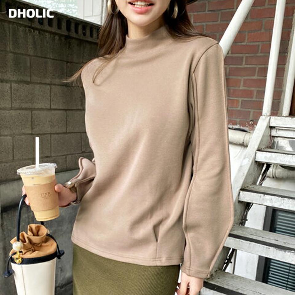 裏起毛バルーンTシャツ・全3色・t70776 レディース 【tops】 トップス Tシャツ 長袖 裏起毛 バルーン ピンタック ハーフネック スリム フィット 上品 カジュアル 春 秋 冬 韓国ファッション ハイホリHIHOLLI