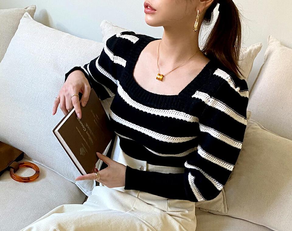 ボーダースクエアクロップドニット・全4色・t70779 レディース 【tops】 トップス ニット 長袖 ボーダー スクエアネック クロップド スリム ルーズ カジュアル 体型カバー 春 秋 冬 韓国ファッション ハイホリHIHOLLI