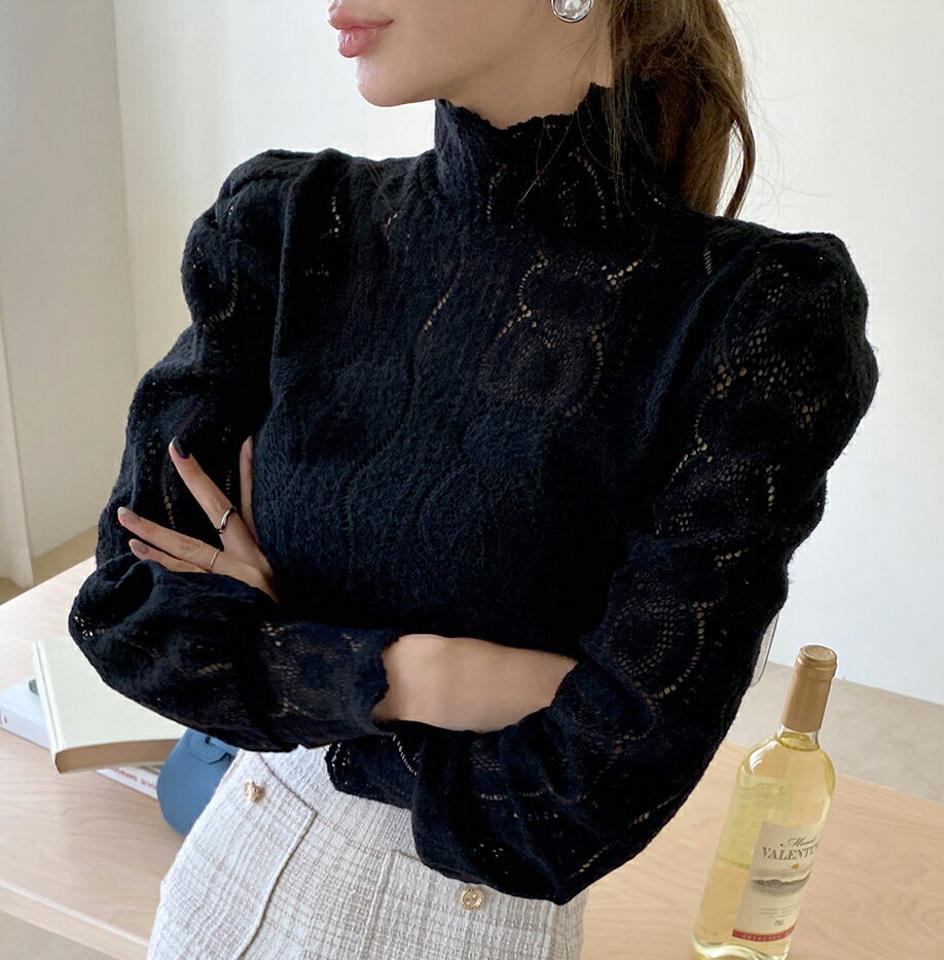 起毛レースハイネックTシャツ・全3色・t70784 レディース 【tops】 トップス Tシャツ 長袖 起毛 レース ハイネック 裏起毛 花柄 フラワー スリム フィット 上品 カジュアル 体型カバー 春 秋 冬 韓国ファッション ハイホリHIHOLLI