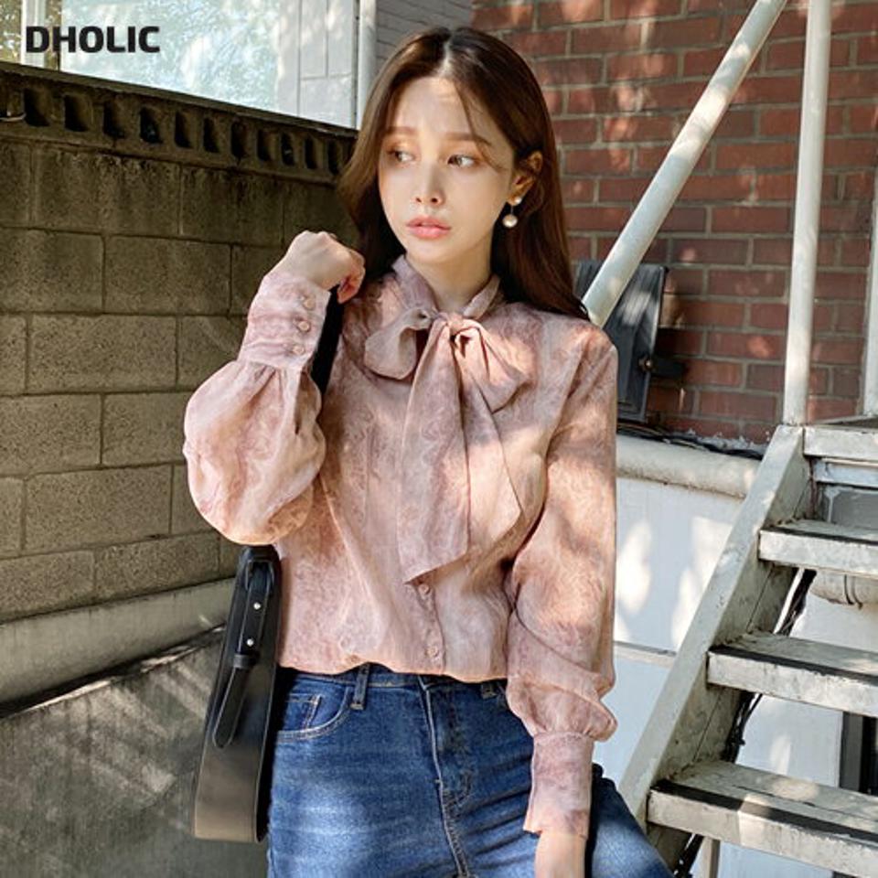 シアーリボンマーブルブラウス・全2色・t70785 レディース 【bl】 トップス ブラウス 長袖 リボン シアー マーブル シースルー 春 カジュアル 大人 フェミニン スカーフ 秋 冬 韓国ファッション ハイホリHIHOLLI