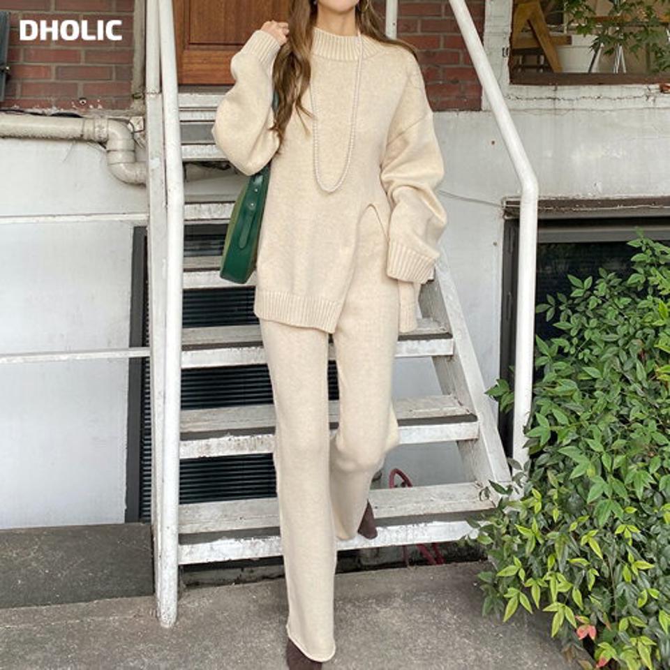 ハーフスリットニット&フレアニットパンツSET・全3色・t70790 レディース 【pt】 ボトムス ロング ロングパンツ SET セットアップ セット スリット ニット フレア パンツ 長袖 ストレート 着痩せ 長足 秋 冬 韓国ファッション ハイホリHIHOLLI