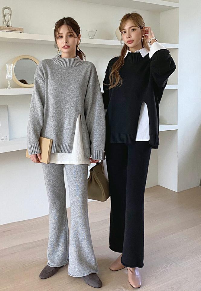 ハーフスリットニット&フレアニットパンツSET・全3色・t70790 レディース 【pt】 ボトムス ロング ロングパンツ SET セットアップ セット スリット ニット フレア パンツ 長袖 ストレート 着痩せ 長足 秋 冬 韓国ファッション ハイホリHIHOLLI