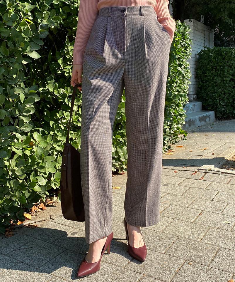 ハウンドトゥースパンツ・全2色・t70801 レディース 【pt】 ボトムス ロング ロングパンツ ハウンドトゥース チェック ワイド ストレート 楽ちん カジュアル 体型カバー 着痩せ 長足 春 秋 冬 韓国ファッション ハイホリHIHOLLI