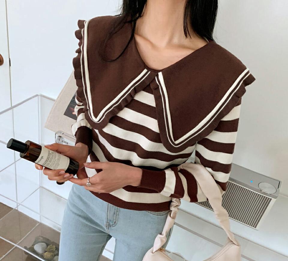 ボーダービッグカラーニット・全2色・b66099 レディース 【tops】韓国ファッション トップス ニット 大人 長袖 カラーネック ビッグカラー ボーダー 配色 大人 シンプル カジュアル 襟コンシャス 体型カバー フェミニン 上品 秋 冬