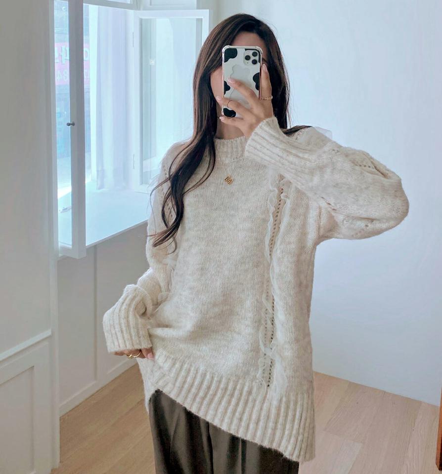 配色シアーフリルラインニット・全3色・b66105 レディース 【tops】韓国ファッション トップス ニット 大人 長袖 ラウンドネック シアーレース フリル 配色 シンプル カジュアル ルーズ 体型カバー フェミニン 上品 秋 冬