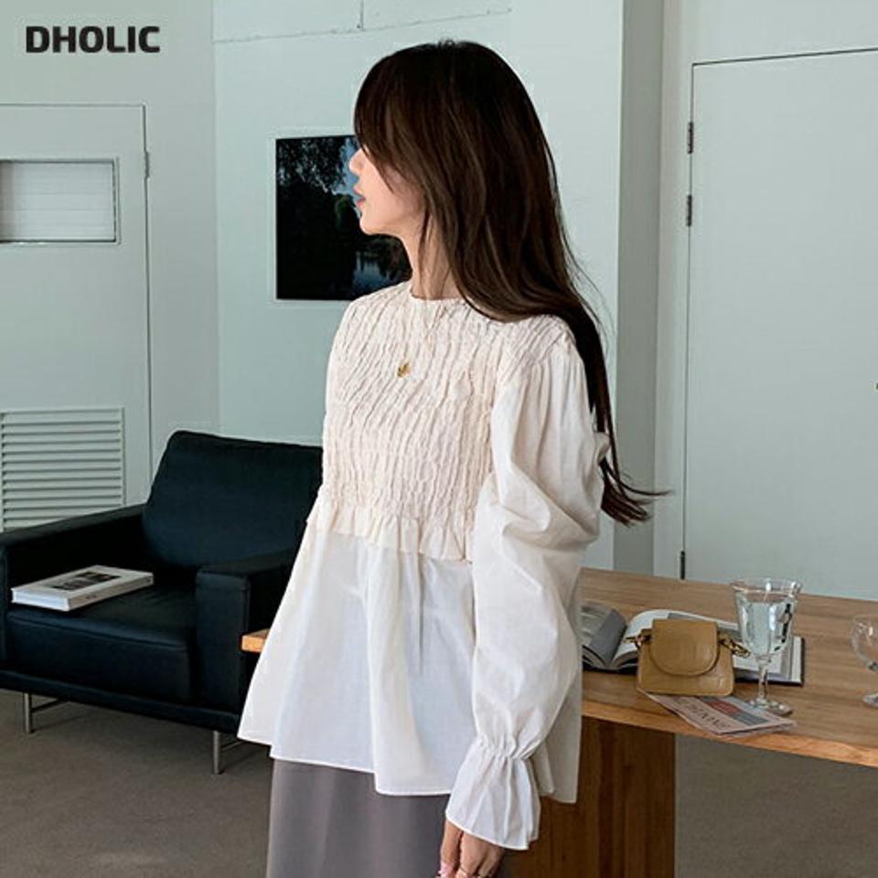 シャーリングフレアブラウス・全2色・t66132 レディース 【bl】韓国ファッション トップス ブラウス 長袖 ラウンドネック シャーリング フレア 大人 上品 フリル シンプル フェミニン 体型カバー ガーリー カジュアル 秋 冬