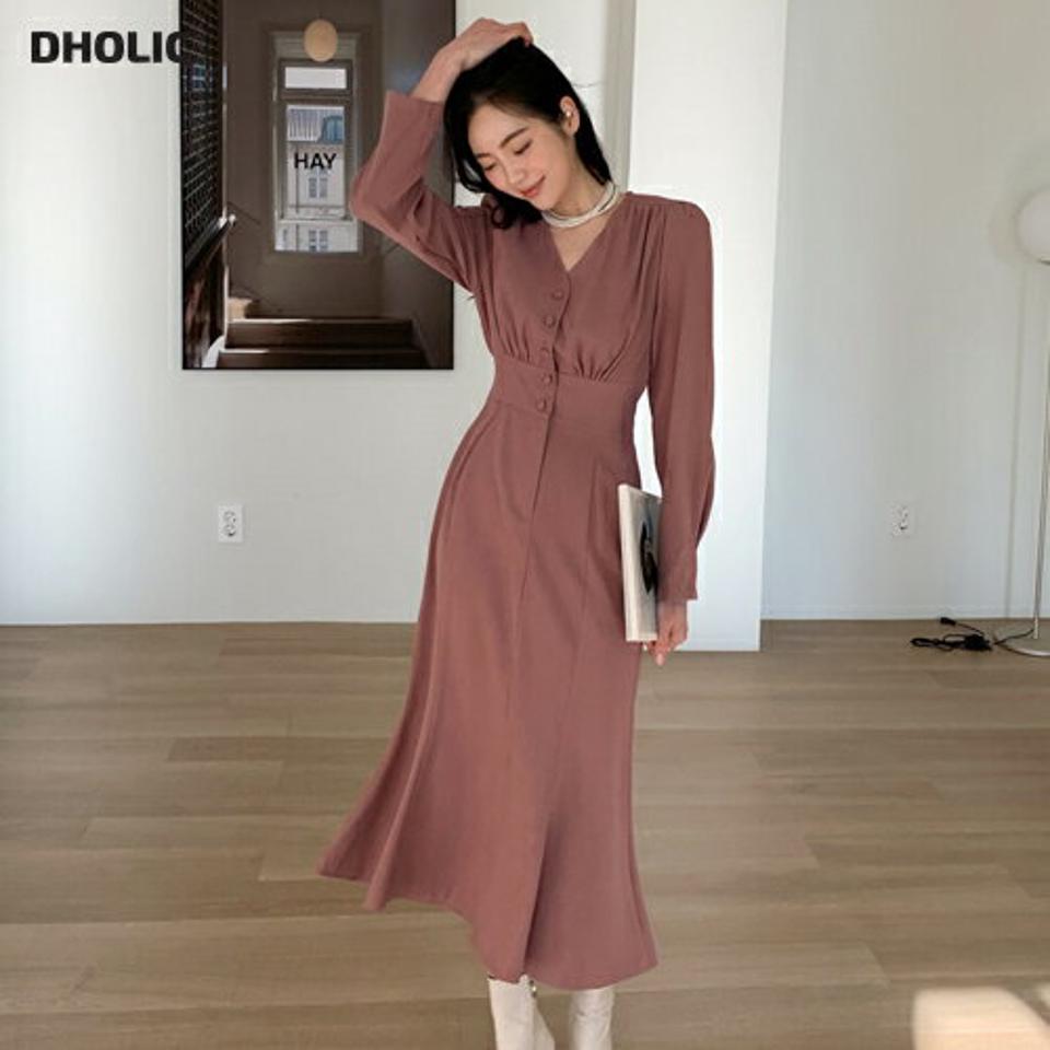 Vネックギャザーワンピース・全4色・t66123 レディース 【ops】韓国ファッション ワンピース ロング ロングワンピース 長袖 Vネック ギャザー ボタン 大人 ロング丈 スリム 無地 ベーシック シンプル フェミニン 体型カバー 秋 冬
