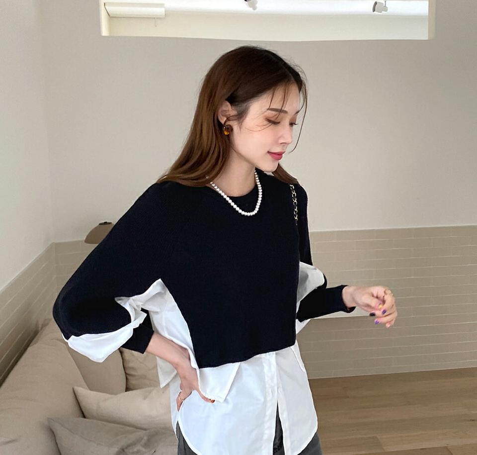 レイヤード風ラグランニット・全2色・b00513 レディース 【tops】トップス ニット 長袖 ニットトップス ラグランスリーブ ユニーク 個性的 変形 カジュアル おしゃれな 大人 異素材 秋 冬 韓国ファッション ハイホリHIHOLLI