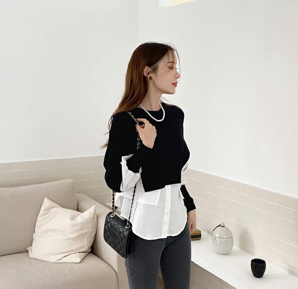 レイヤード風ラグランニット・全2色・b00513 レディース 【tops】トップス ニット 長袖 ニットトップス ラグランスリーブ ユニーク 個性的 変形 カジュアル おしゃれな 大人 異素材 秋 冬 韓国ファッション ハイホリHIHOLLI