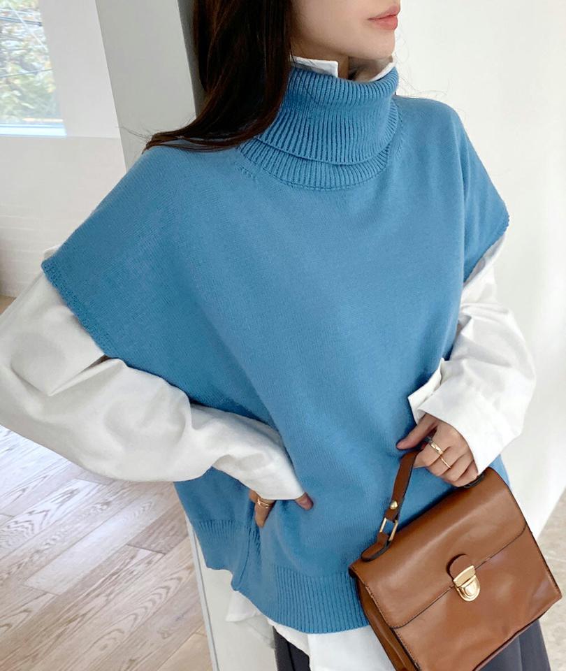 バックスリットタートルネックベスト・全3色・t00518 レディース 【tops】トップス ニットベスト レイヤード タートルネック ニット スリット 単色 無地 シンプル ベーシック カジュアル リブ ラフ カラーニット 秋 冬 韓国ファッション ハイホリHIHOLLI