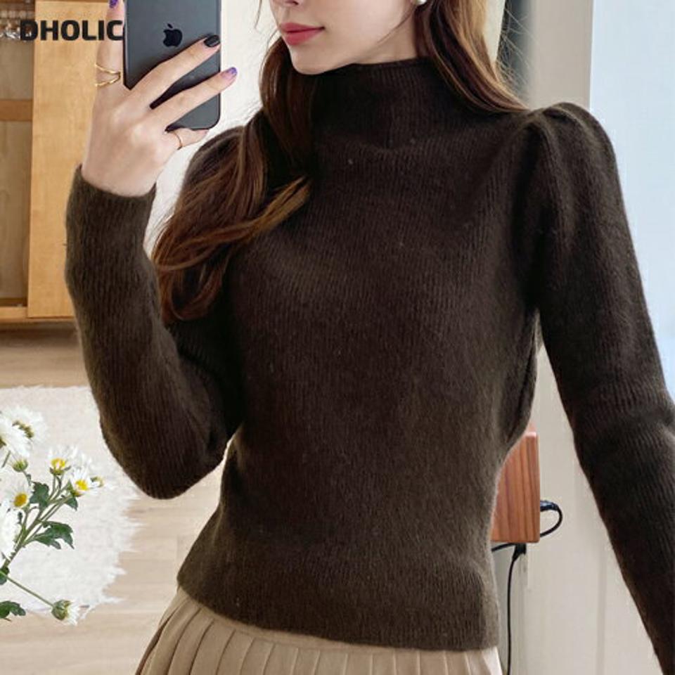 パフショルダーハーフネックニット・全3色・b00516 レディース 【tops】トップス ニット 長袖 ハーフネック パフショルダー パフ袖 単色 無地 シンプル かわいい モダン 可愛い ニットトップス 秋 冬 韓国ファッション HIHOLLI