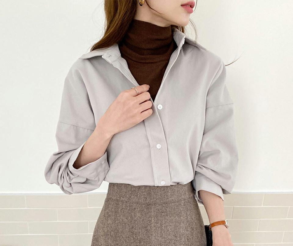 ドロップショルダー長袖シャツ・全6色・t00512 レディース 【bl】トップス シャツ 長袖 ドロップショルダー 単色 無地 シンプル ベーシック 大人 カジュアル ラフ 秋 冬 韓国ファッション ハイホリHIHOLLI