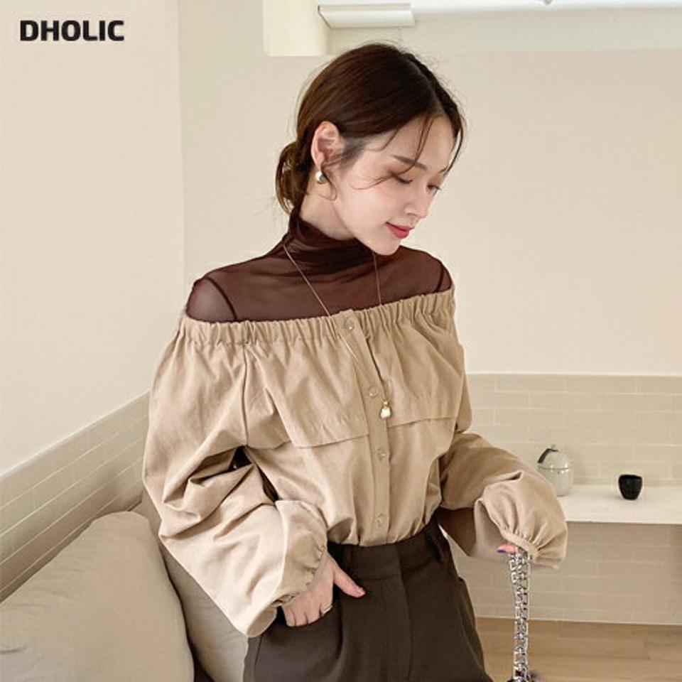 2WAYボタンブラウス・全2色・t00509 レディース 【bl】トップス ブラウス 長袖 オフショルダー ラウンドネック 2way 単色 無地 シンプル ギャザー 秋 冬 韓国ファッション ハイホリHIHOLLI