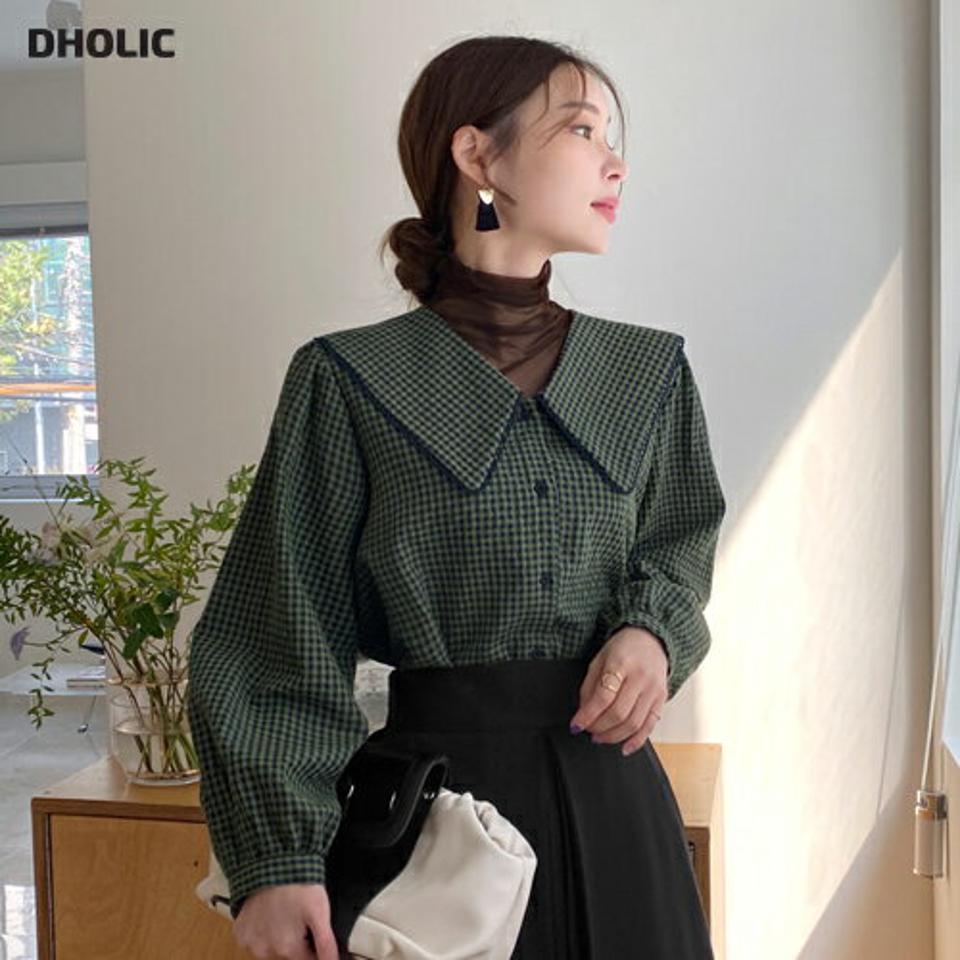 配色スカラップカラーチェックブラウス・全2色・t00508 レディース 【bl】トップス ブラウス 長袖 チェック柄 スカラップ 配色 ガーリー 可愛い かわいい 秋 冬 韓国ファッション ハイホリHIHOLLI